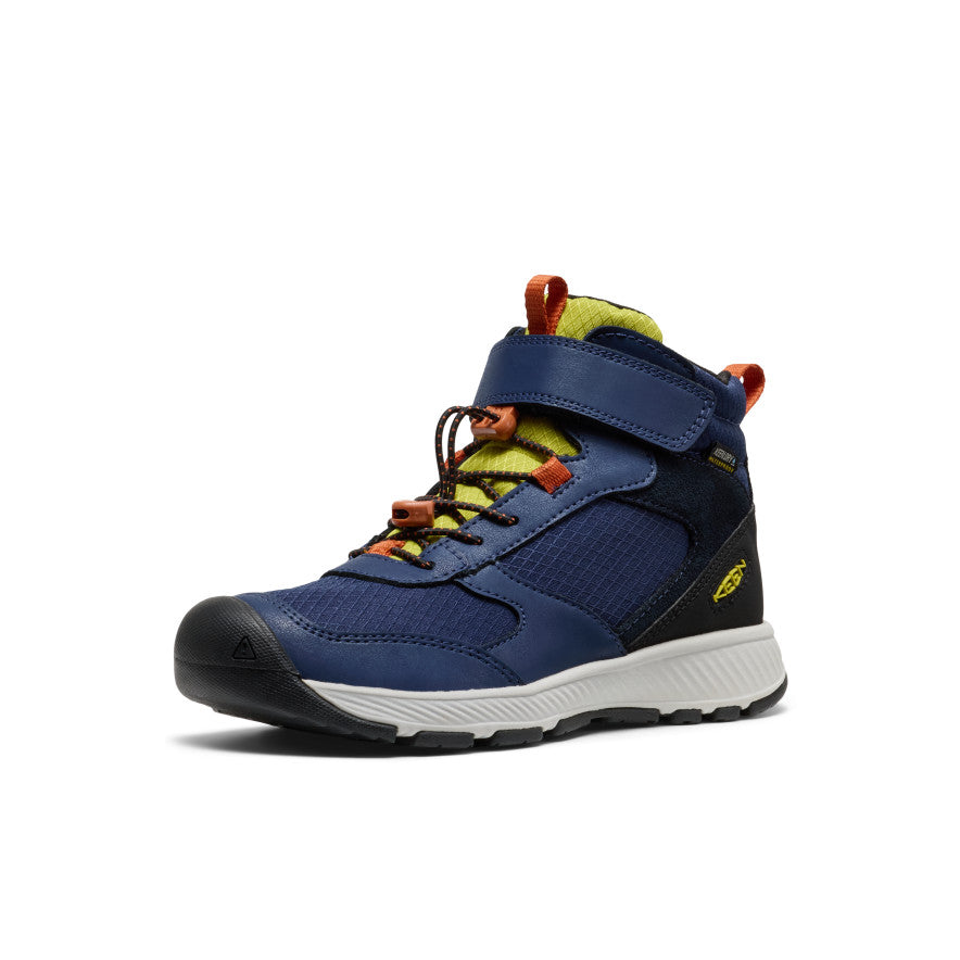 Big kids skua waterproof hiking boot in naval academy with lime green orange accents mesh upper