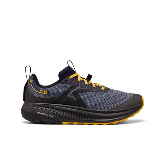 Men’s roam trail running shoe in dark gray and black with yellow laces heel pull tabs and outsole accents