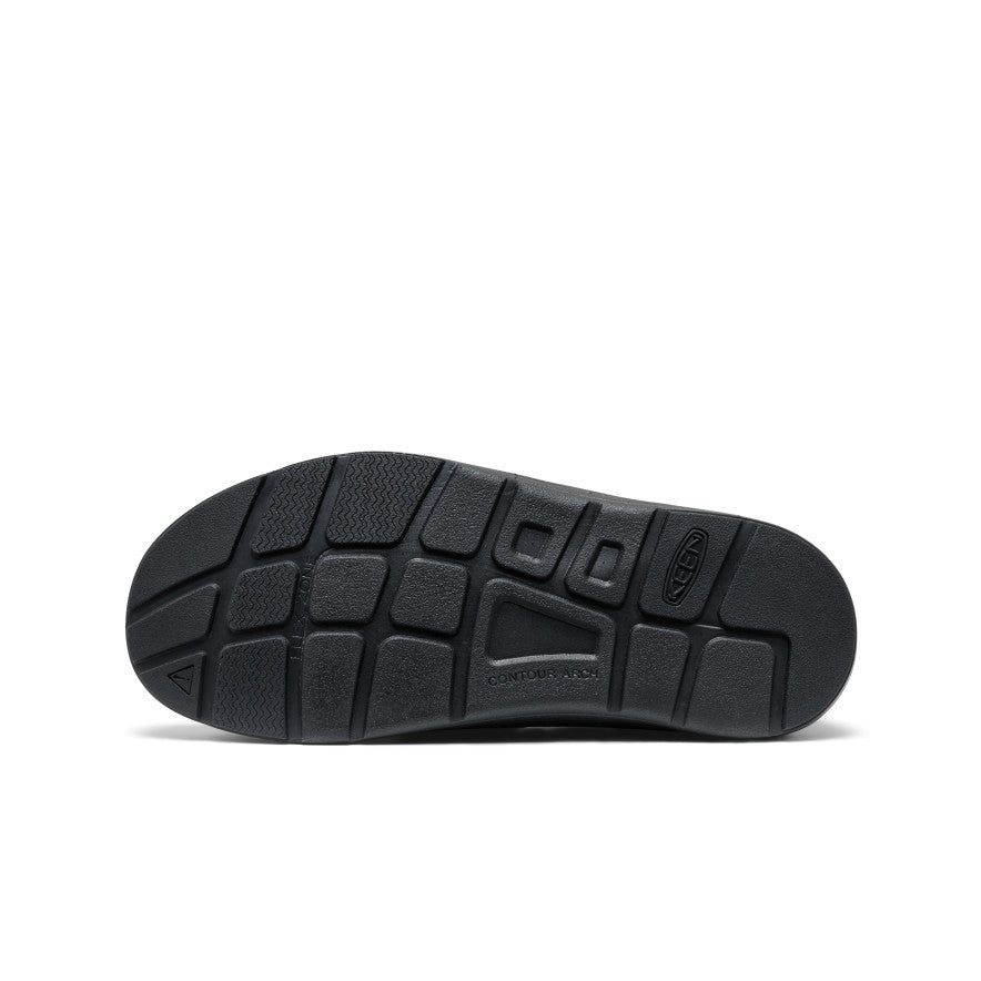 Black rubber sole with textured grid tread and keen logo on the heel of women’s uneek loafer nocturnal cow black