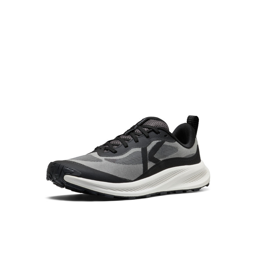 Women's wander trail running shoe in black and magnet gray mesh with black accents and white