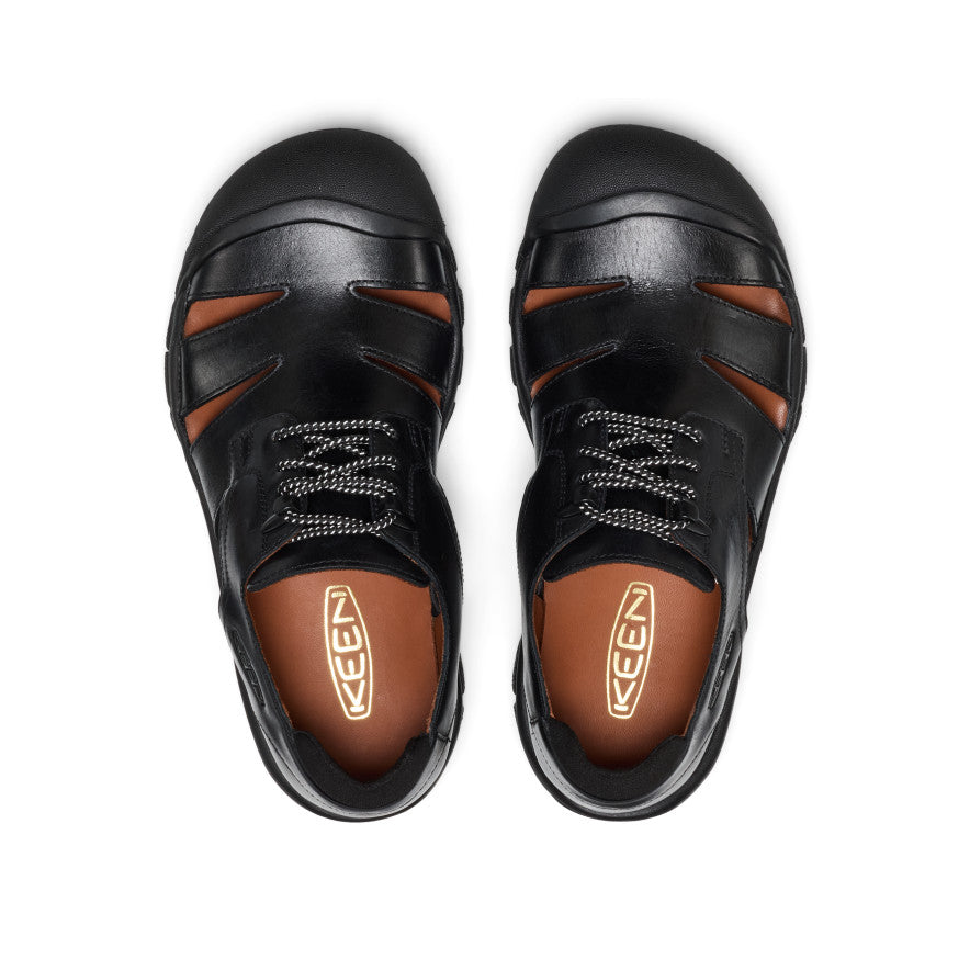 Women’s newport oxford nocturnal black leather sandals with brown accents and keen logo on the insole