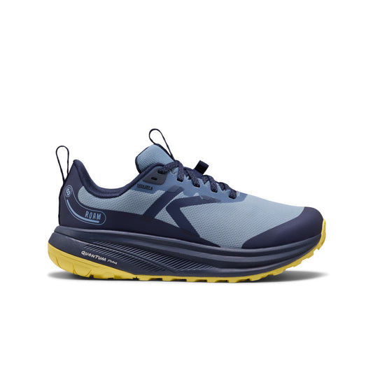 Navy blue and light gray women's roam waterproof trail running shoe with bright yellow outsole