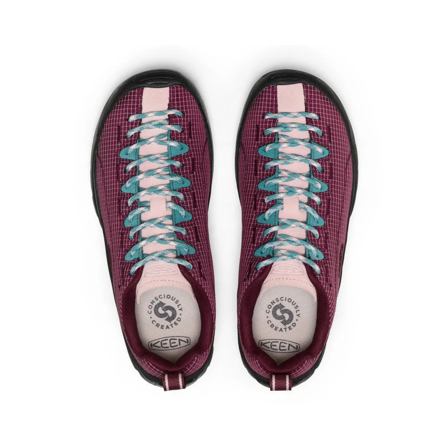 Women's Jasper Nylon Sneaker - Fig/Rosy Touch Top-down view of burgundy pair with teal laces and protective toe bumper - Image 1