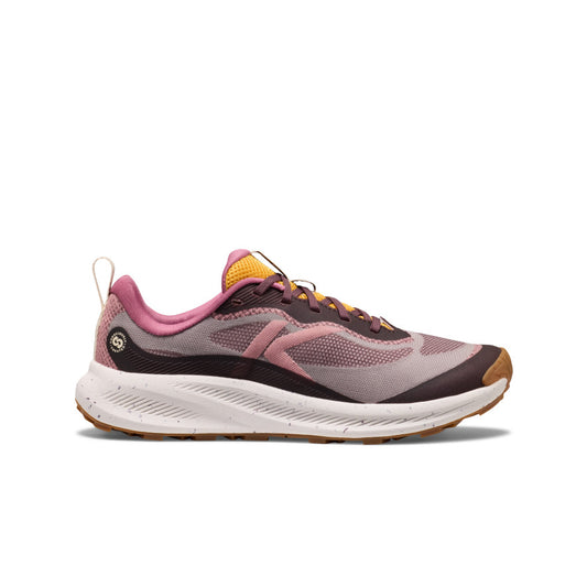Women's wander trail running shoe with dusty rose mesh upper, charcoal gray accents, yellow laces