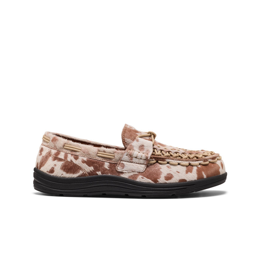 Men’s uneek loafer in brown and cream cowhide pattern with braided tan leather slip-on design