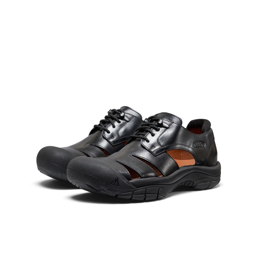 Women's Newport Oxford - Nocturnal Black Women’s Newport Oxford black leather sandals with laces and orange accent on the insole - Image 1