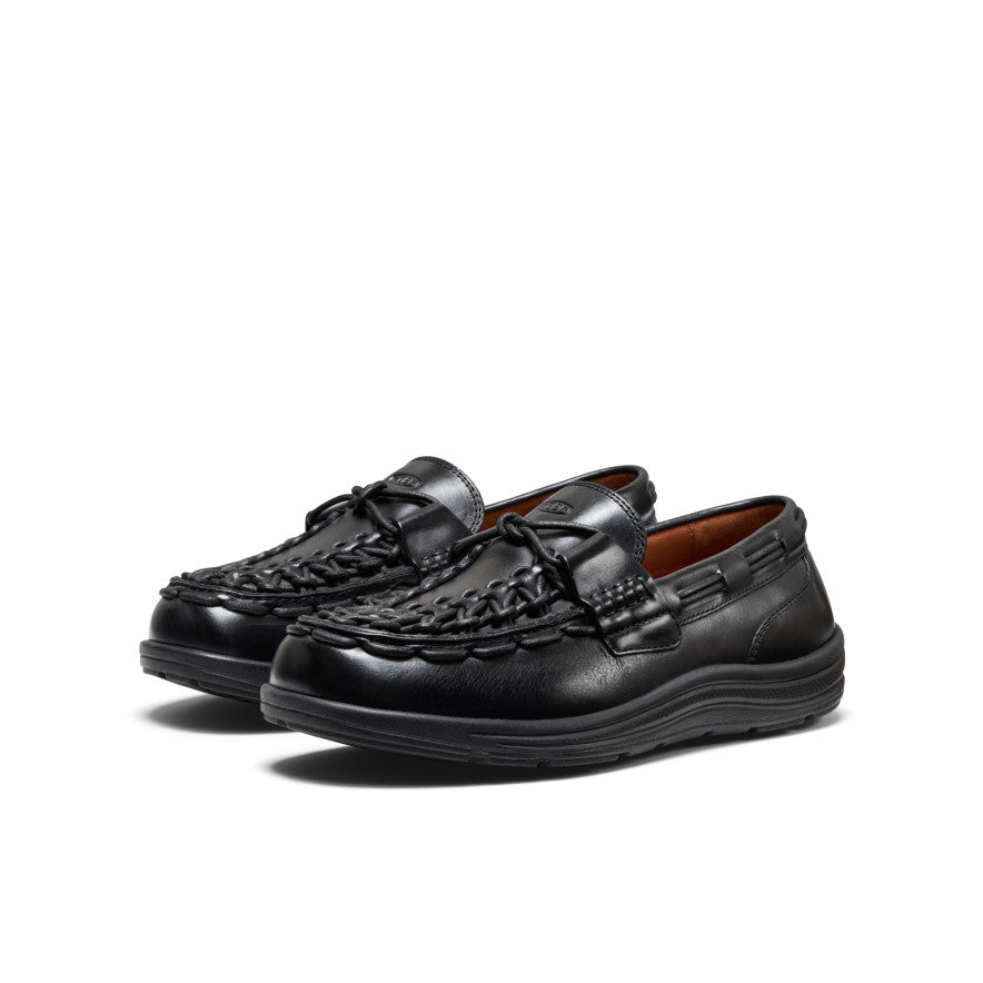 Women’s UNEEK loafer in nocturnal black with black leather, intricate braided detailing, and cushioned sole