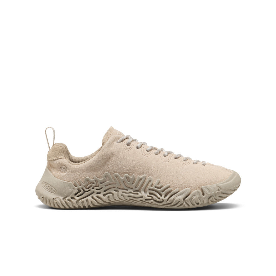 Back view of women's jasper merko sneaker in birch taupe beige suede with textured maze-like rubber