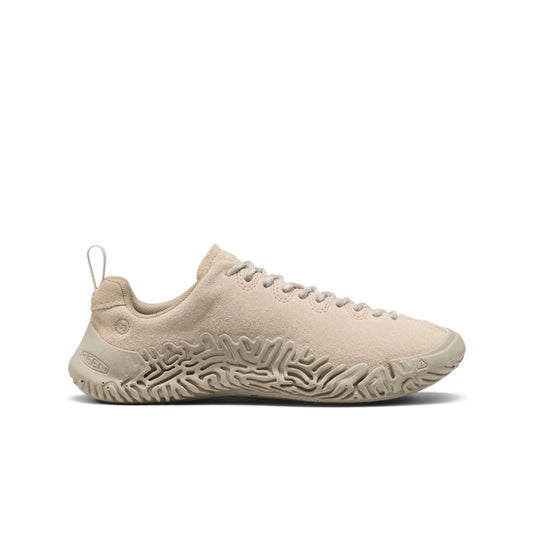 Back view of women's jasper merko sneaker in birch taupe beige suede with textured maze-like rubber