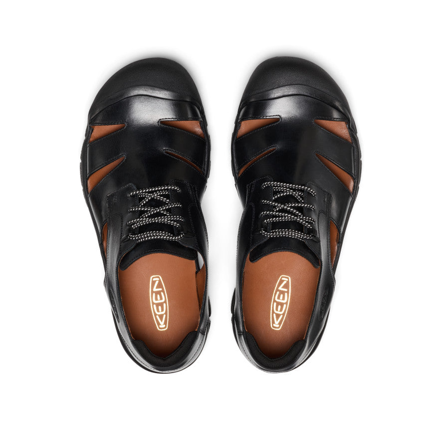 Men’s Newport Oxford nocturnal black black leather keen sandal with brown accents and laces visible from front side
