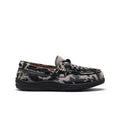 Black and gray leopard-print womens UNEEK loafer with braided leather strap in nocturnal cow black