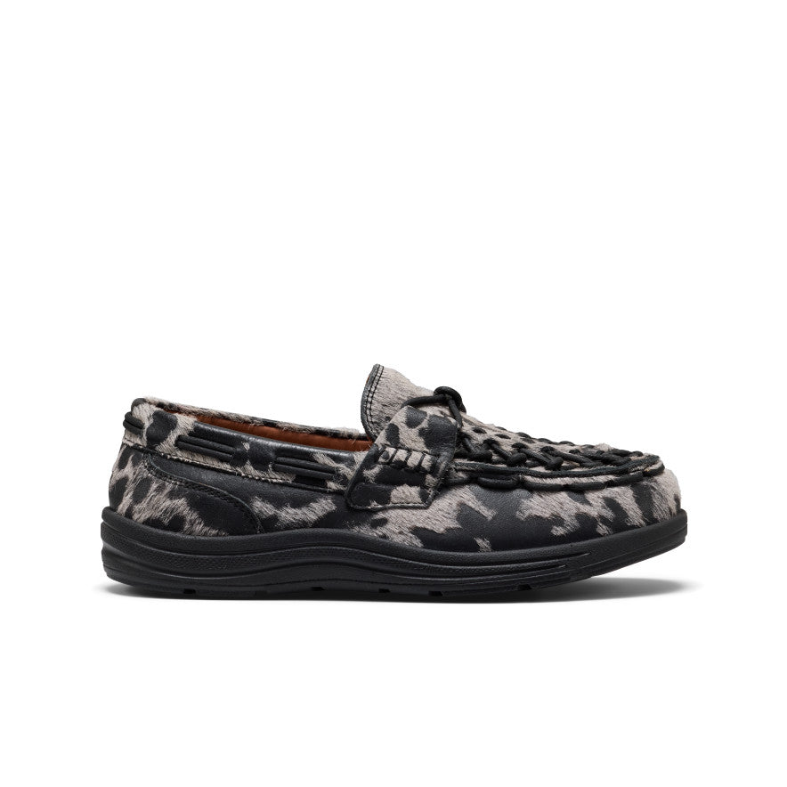 Women's UNEEK Loafer - Nocturnal Cow Black Black and gray leopard-print womens UNEEK loafer with braided leather strap in nocturnal cow black color - Image 1