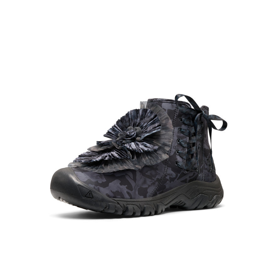 Women's Targhee EXP Collina Strada - Black/Black side view of a black camouflage boot with a foral detail on the front - Image 1
