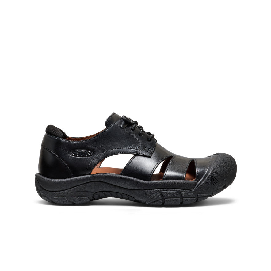 Women’s newport oxford nocturnal black leather keen sandal with laces and rugged rubber sole front view