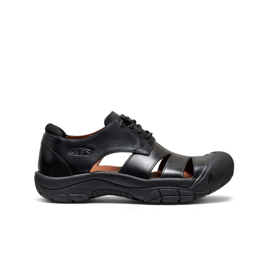 Women’s newport oxford nocturnal black leather keen sandal with laces and rugged rubber sole front view