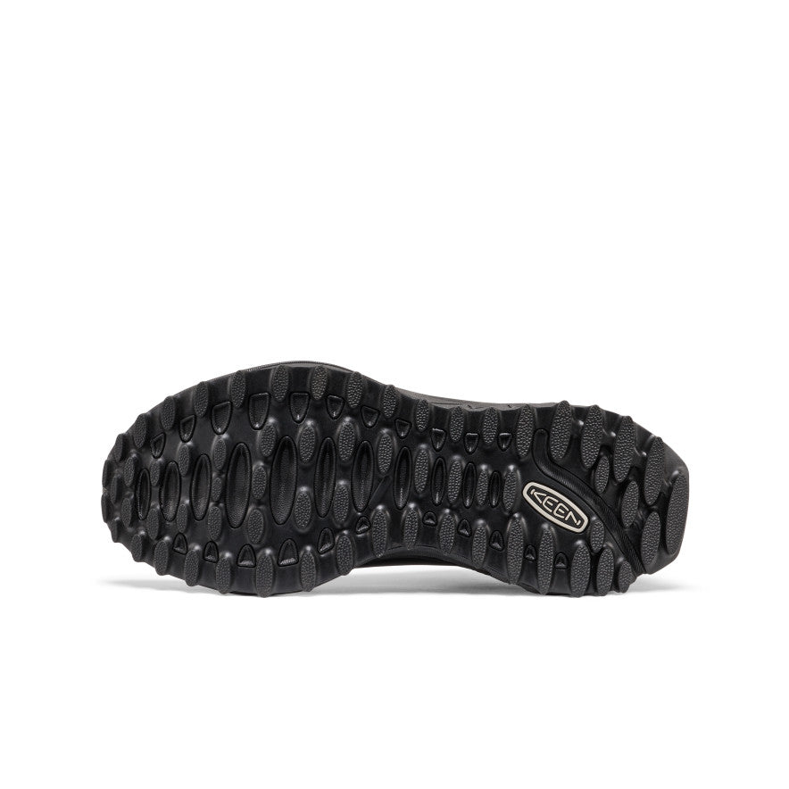 Black rubber sole with deep textured tread and silver keen logo on the heel of men's jasper zionic