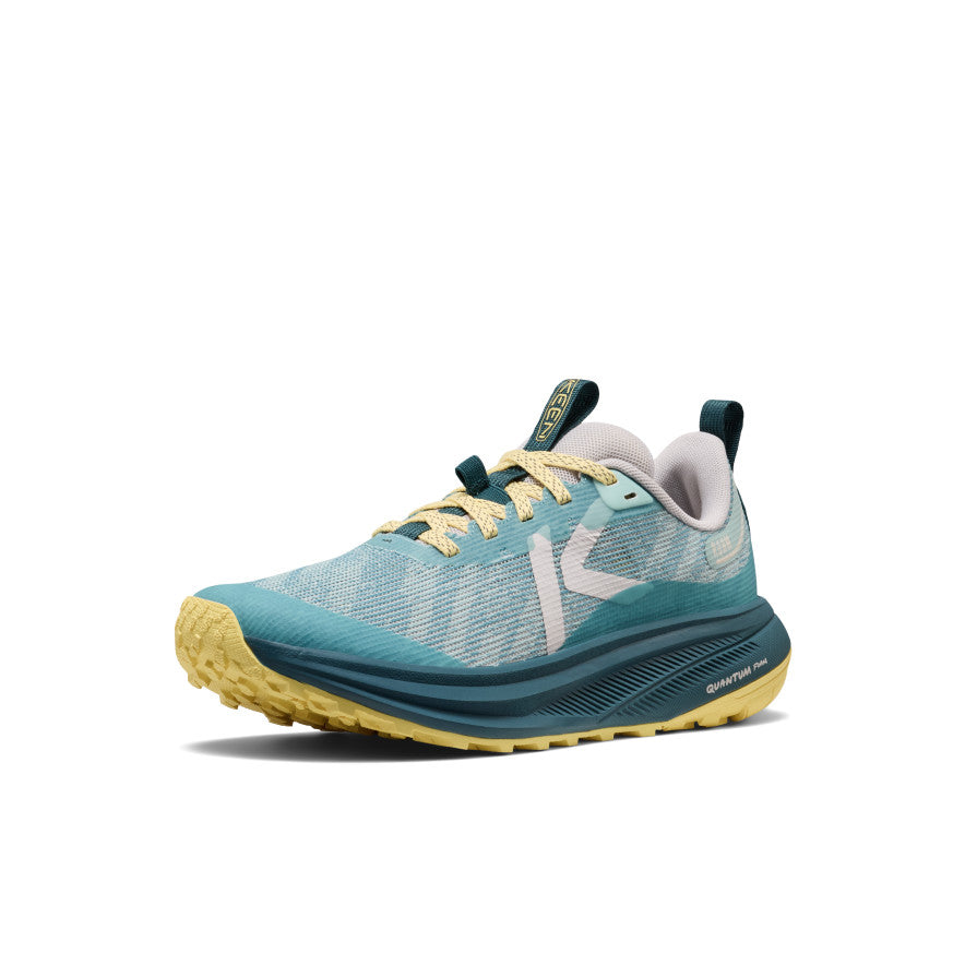 Women's roam trail running shoe with teal and yellow breathable mesh upper black laces and rugged
