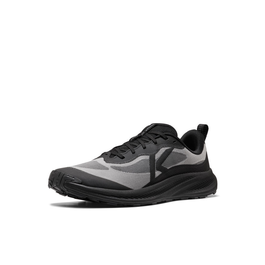 Men's wander trail running shoe in black and magnet with mesh upper, rubber outsole, and bold black