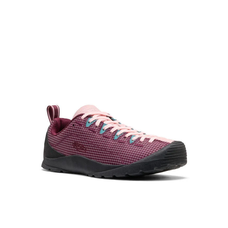 Women's Jasper Nylon Sneaker - Fig/Rosy Touch Side profile of lightweight burgundy trail shoe with teal accent laces - Image 1