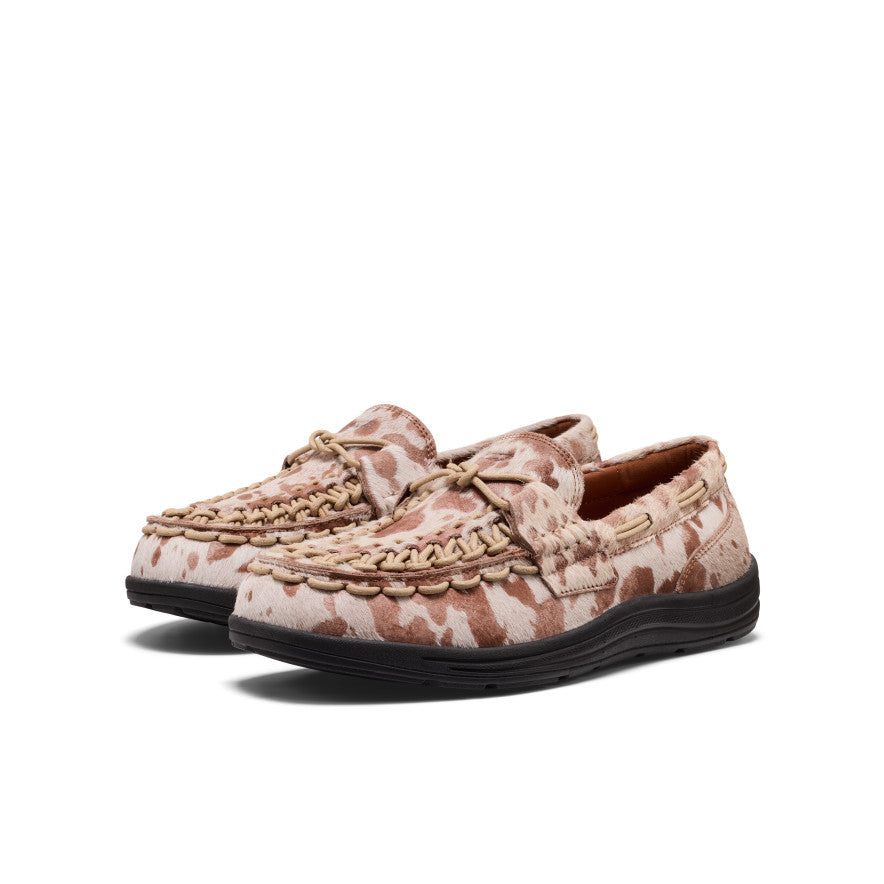 Men’s UNEEK loafer nocturnal cow red moccasin loafers with beige and brown cowhide pattern and braided tan leather detailing