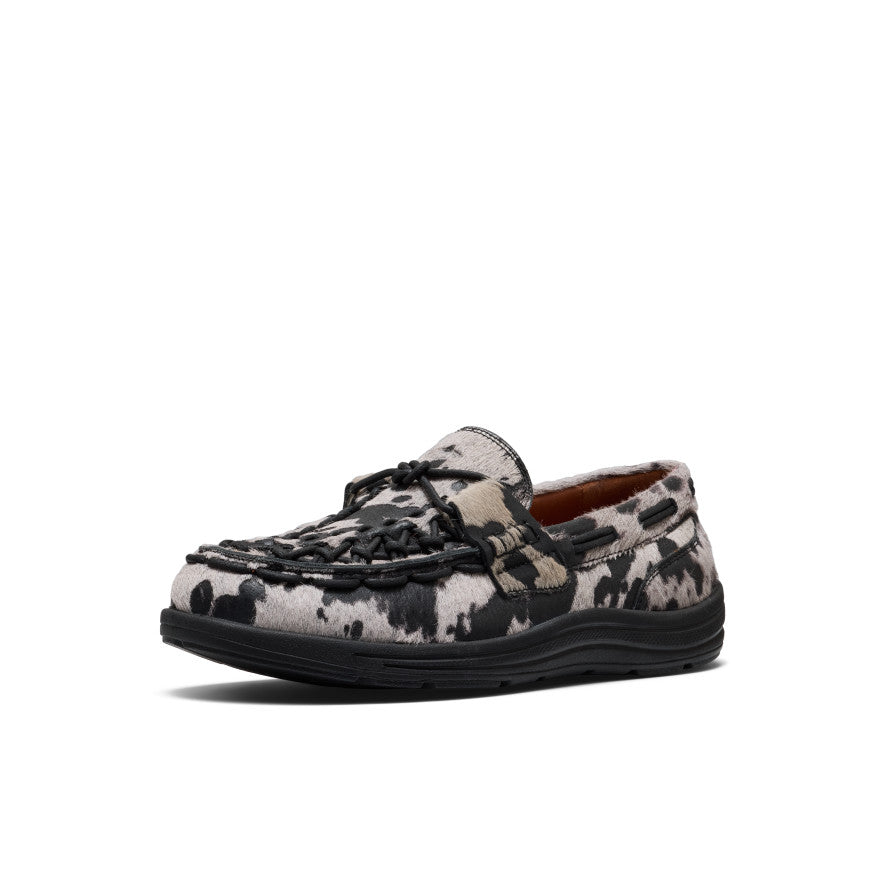 Women’s uneek loafer nocturnal cow black black and white cowhide-patterned moccasin shoe with black laces