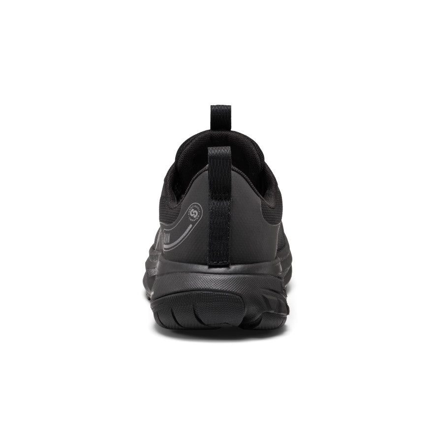Women's roam waterproof trail running shoe black with textured rubber sole mesh upper and heel pull