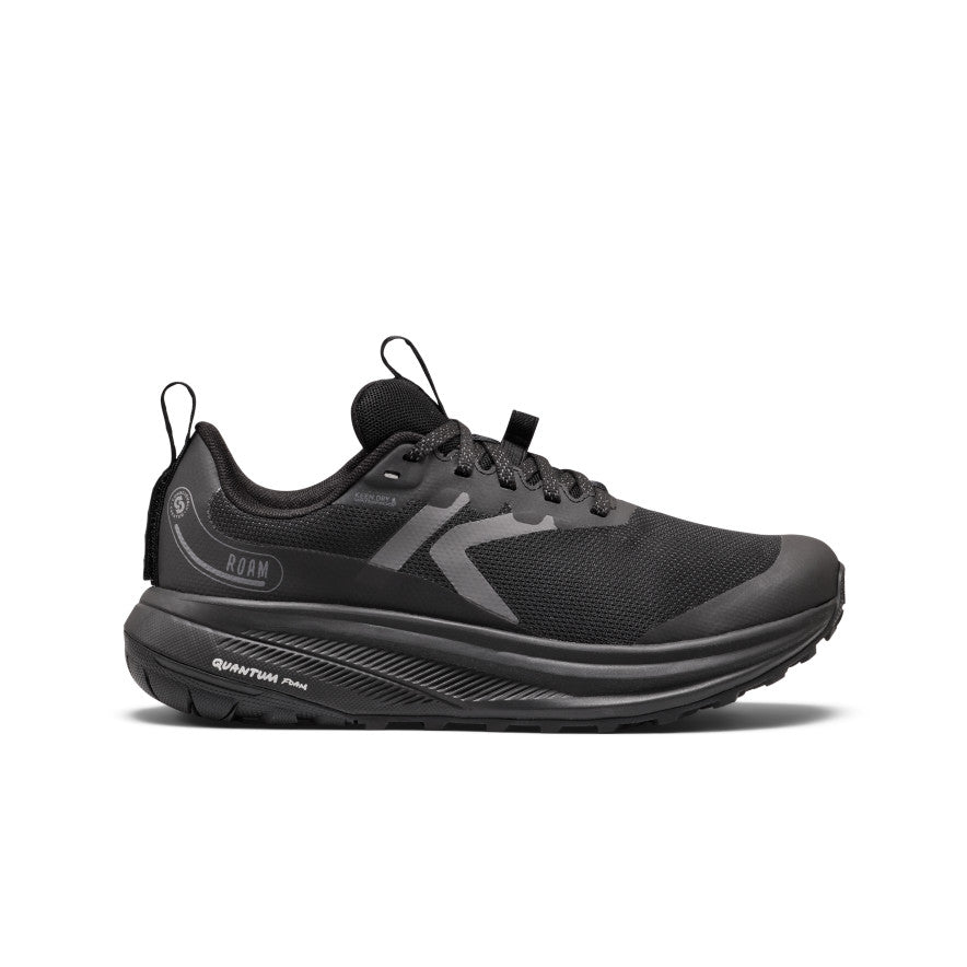 Women's roam waterproof trail running shoe in black with mesh upper rubber outsole and quantum foam