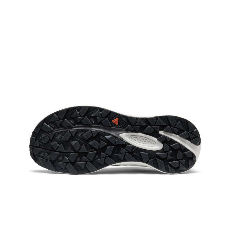 Women's wander trail running shoe black magnet with black rubber outsole geometric tread and silver