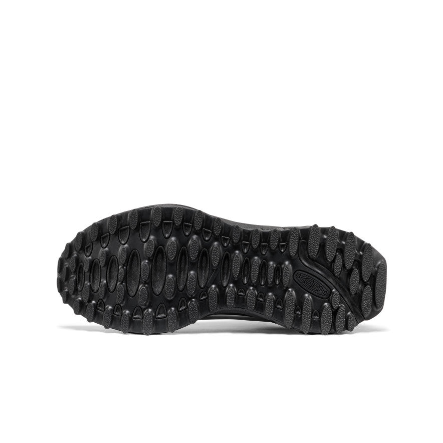 Black rubber sole with rugged tread and keen logo embossed near heel on men's jasper zionic hw