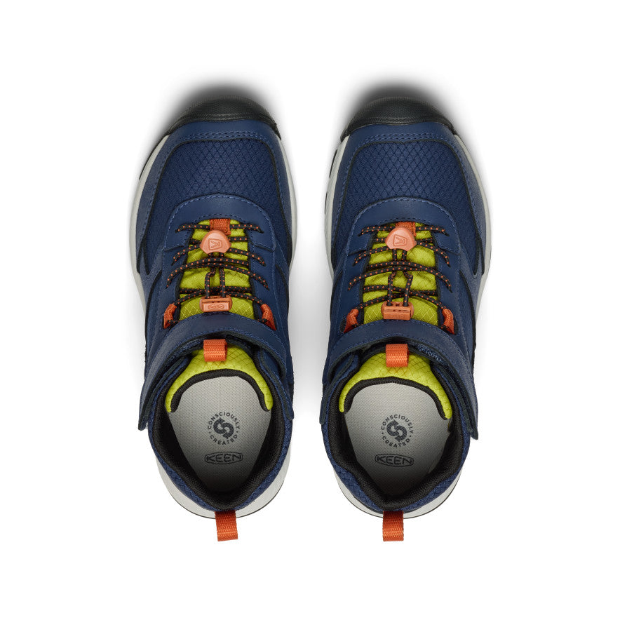Big kids skua waterproof hiking boots in naval academy blue and rogue green with orange accents