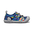 Big kids knotch creek water shoe in bright cobalt with rainbow tie dye straps and gray rubber sole