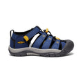 Blue keen water sports sandal with yellow accents and adjustable straps for big kids in naval
