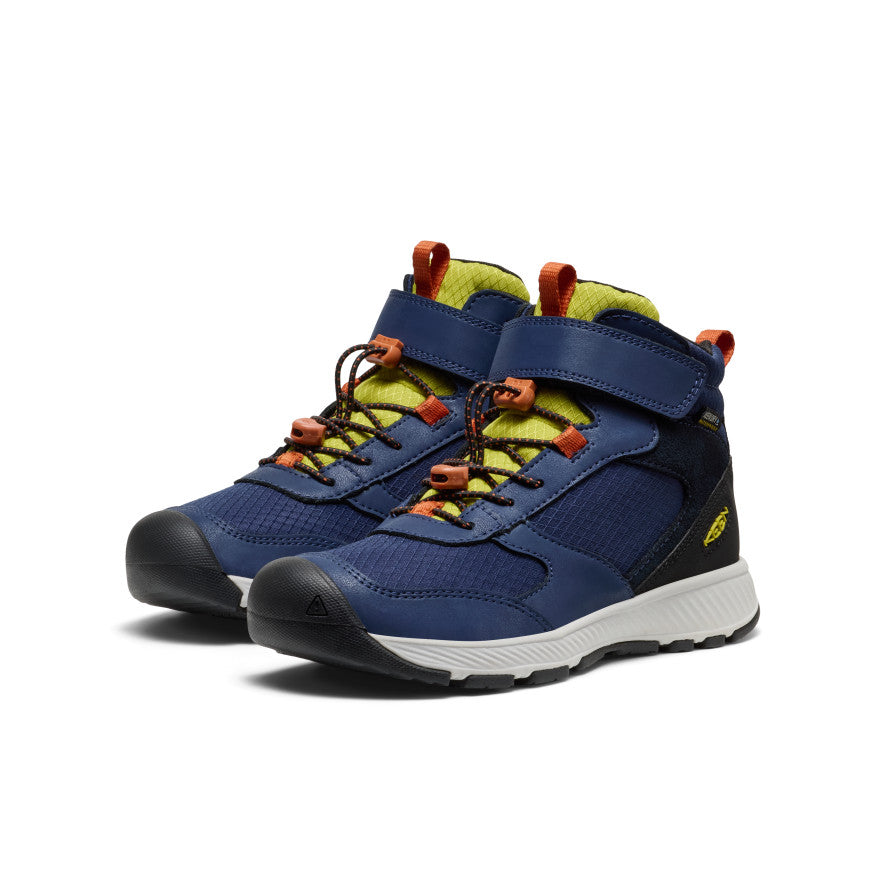Big kids skua waterproof high-top hiking boots in naval academy blue and rogue green with orange