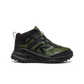 Big kids Zionic waterproof hiking boot in black and bronze green with olive mesh and rugged sole