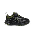 Little kids Zionic waterproof hiking shoe by New Balance in black and bronze green with mesh upper