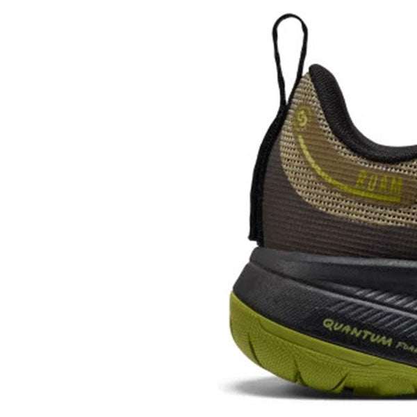 Close-up of a heel part on an olive coloured keen trail running shoe 