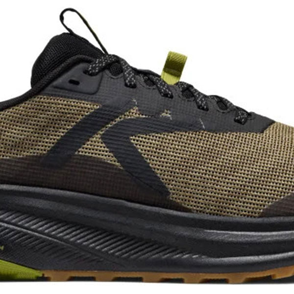 A close-up side view of a keen trail running shoe featuring a black and olive green mesh upper, black laces, a black midsole, and a gum outsole.