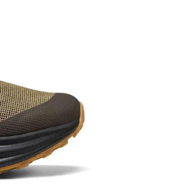 Close-up of the toe area of an olive trail running shoe