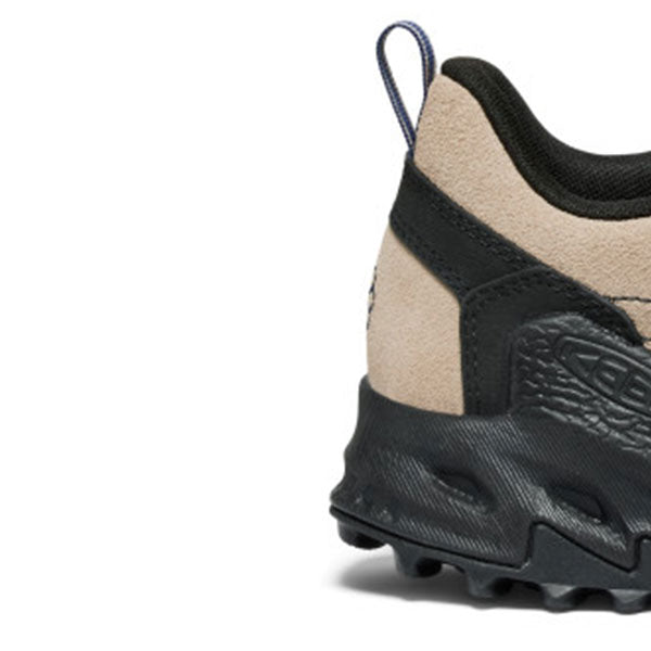 Close-up of the heel and side of a Keen hiking shoe in beige suede and black trimmings