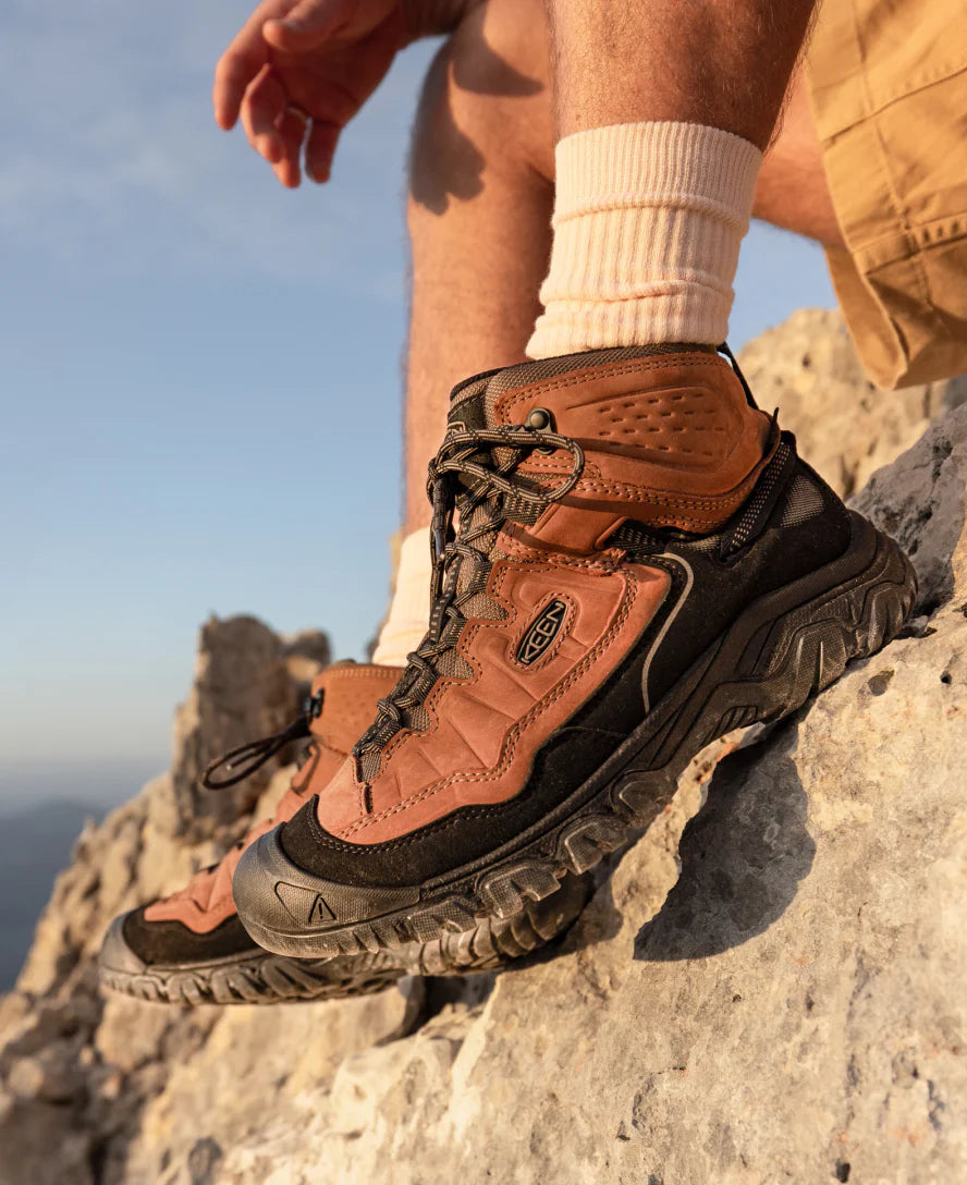 Hiking boots on a rocky surface with a scenic background